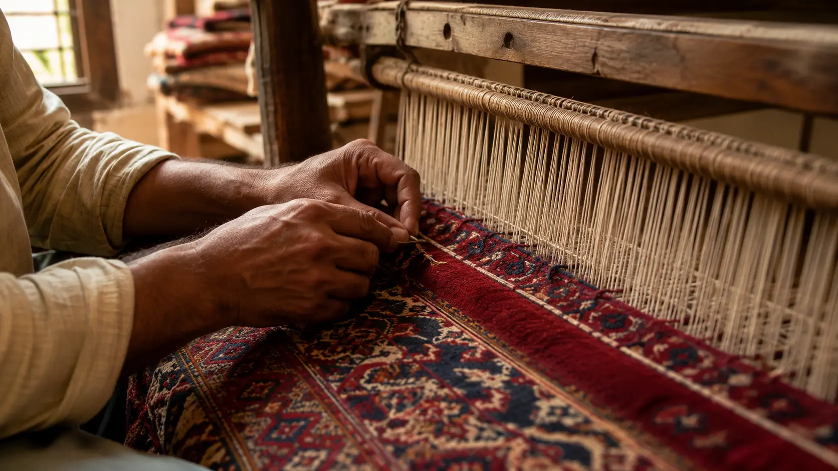 Hand-knotted carpet texture from Bhadohi weaving traditions