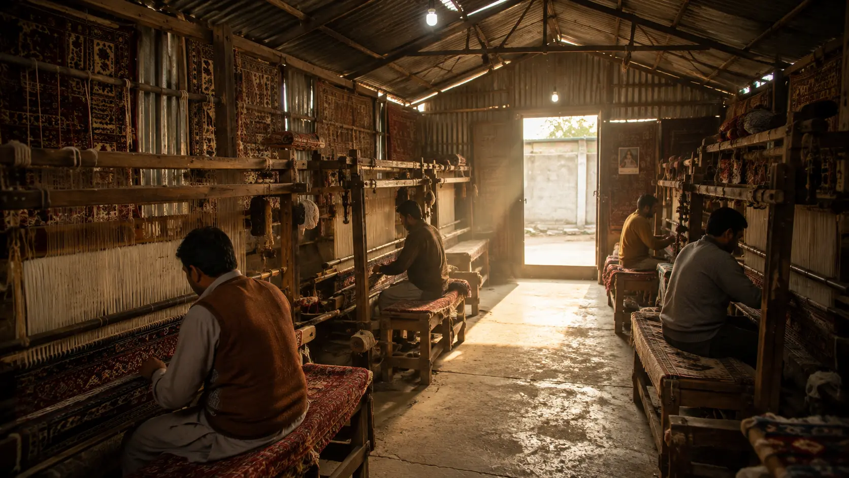 Artisans weaving carpets on traditional looms in Bhadohi