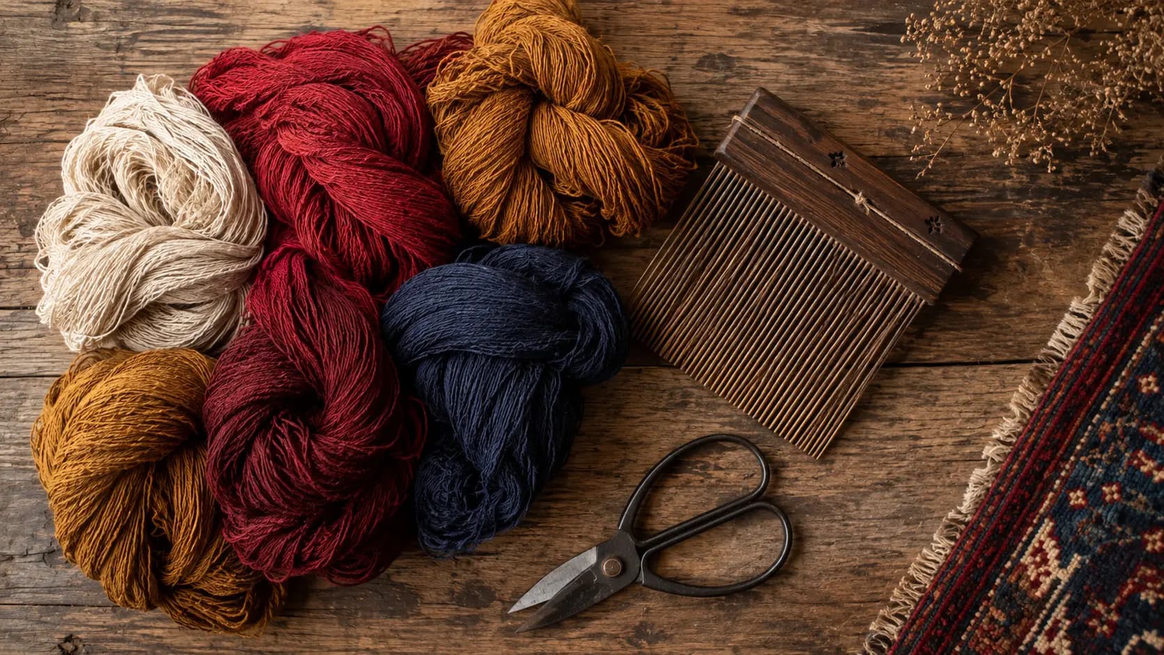 Wool yarns prepared for hand-knotted Bhadohi carpet weaving